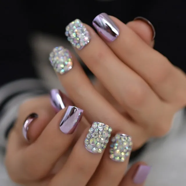 Metal false nails for women square short medium length colour L5015 with metallic finish