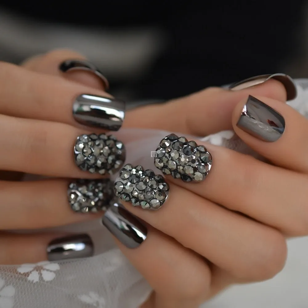 Metal false nails for women square short medium length colour L5015 with metallic finish