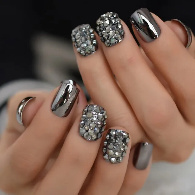 Metal false nails for women square short medium length colour L5015 with metallic finish