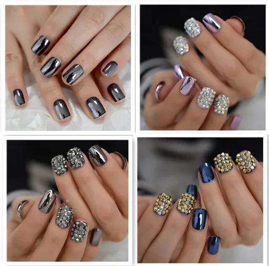 Metal false nails for women square short medium length colour L5015 with metallic finish