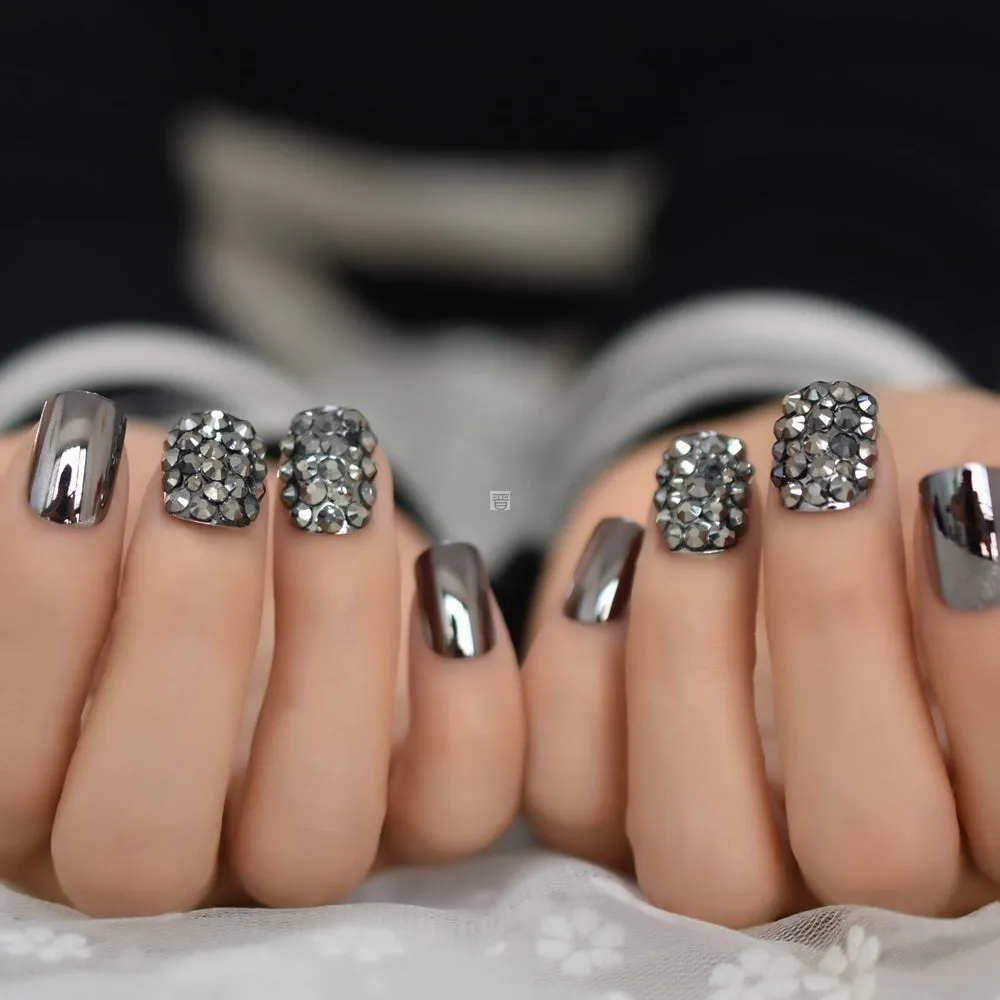 Metal false nails for women square short medium length colour L5015 with metallic finish