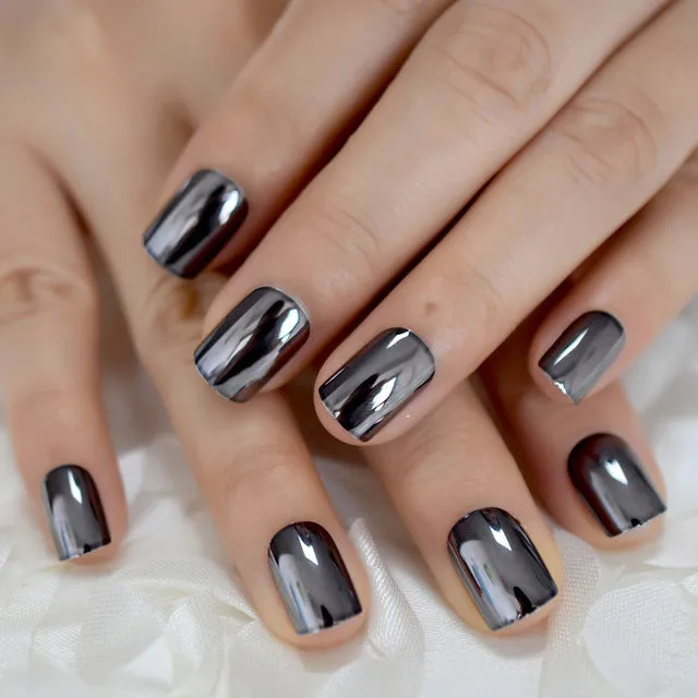 Metal false nails for women square short medium length colour L5015 with metallic finish