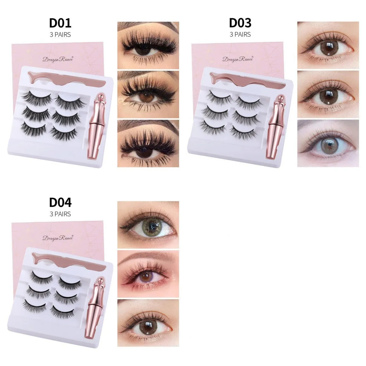 Magnetic liquid eyeliner and 5 pairs of magnetic false eyelashes set with tweezer and case, handmade faux mink, 5 magnets each