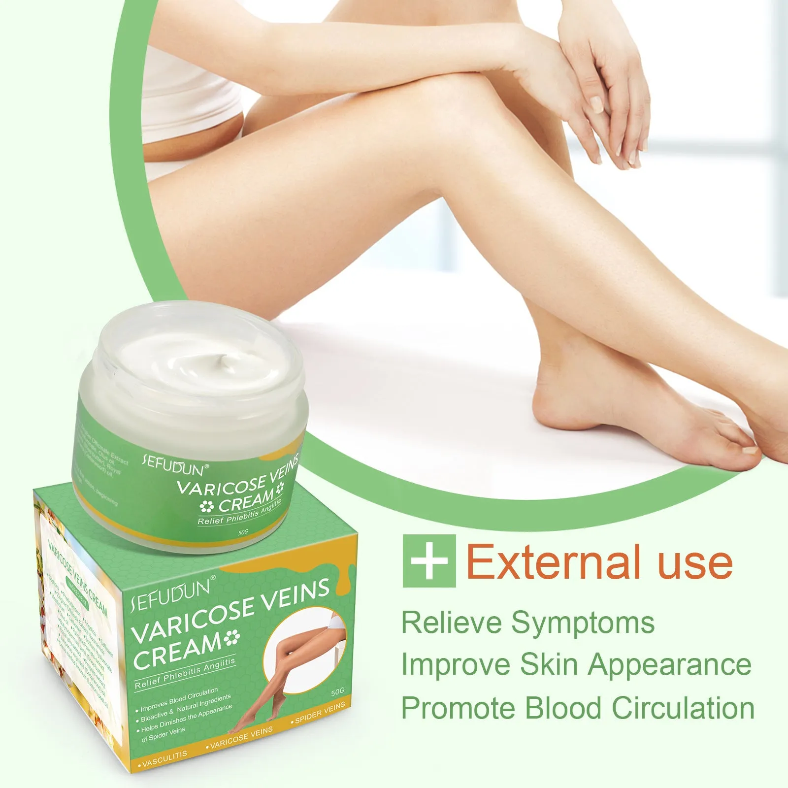 50g pot of vein cream with natural ingredients for varicose vein relief