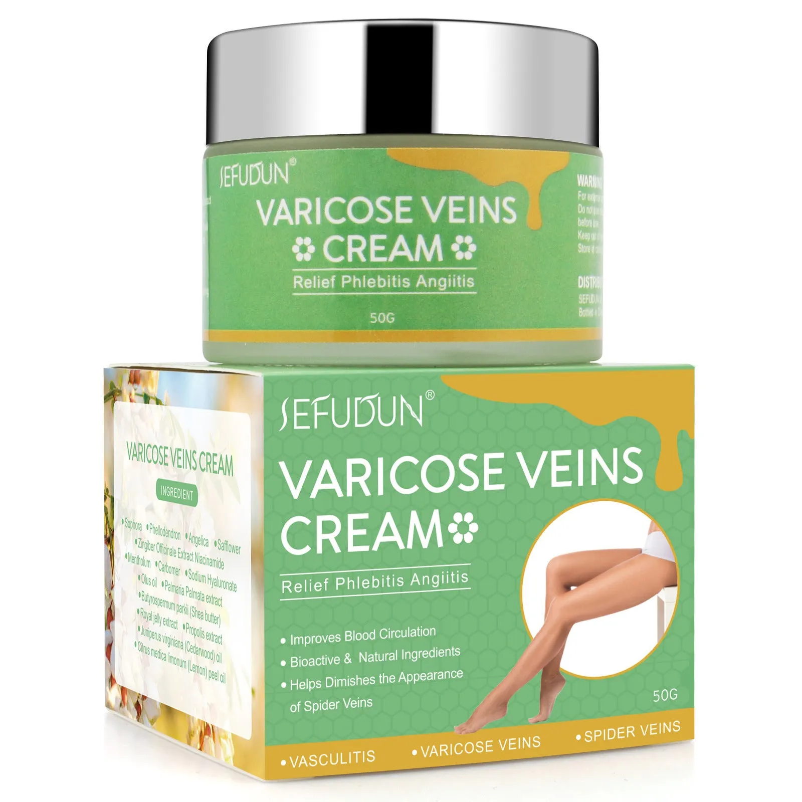 50g pot of vein cream with natural ingredients for varicose vein relief