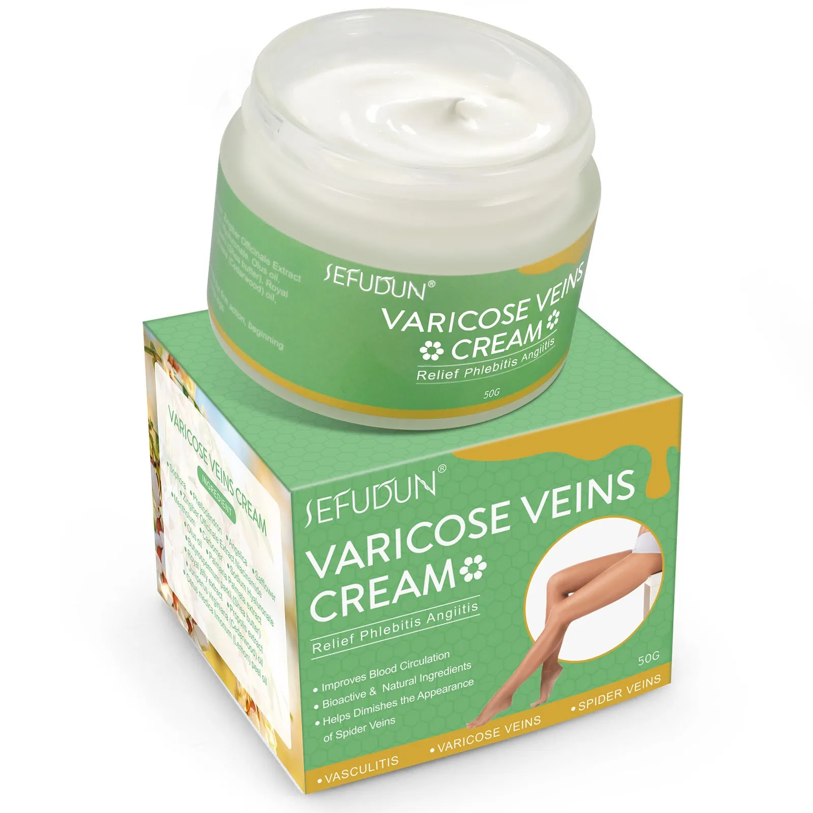 50g pot of vein cream with natural ingredients for varicose vein relief
