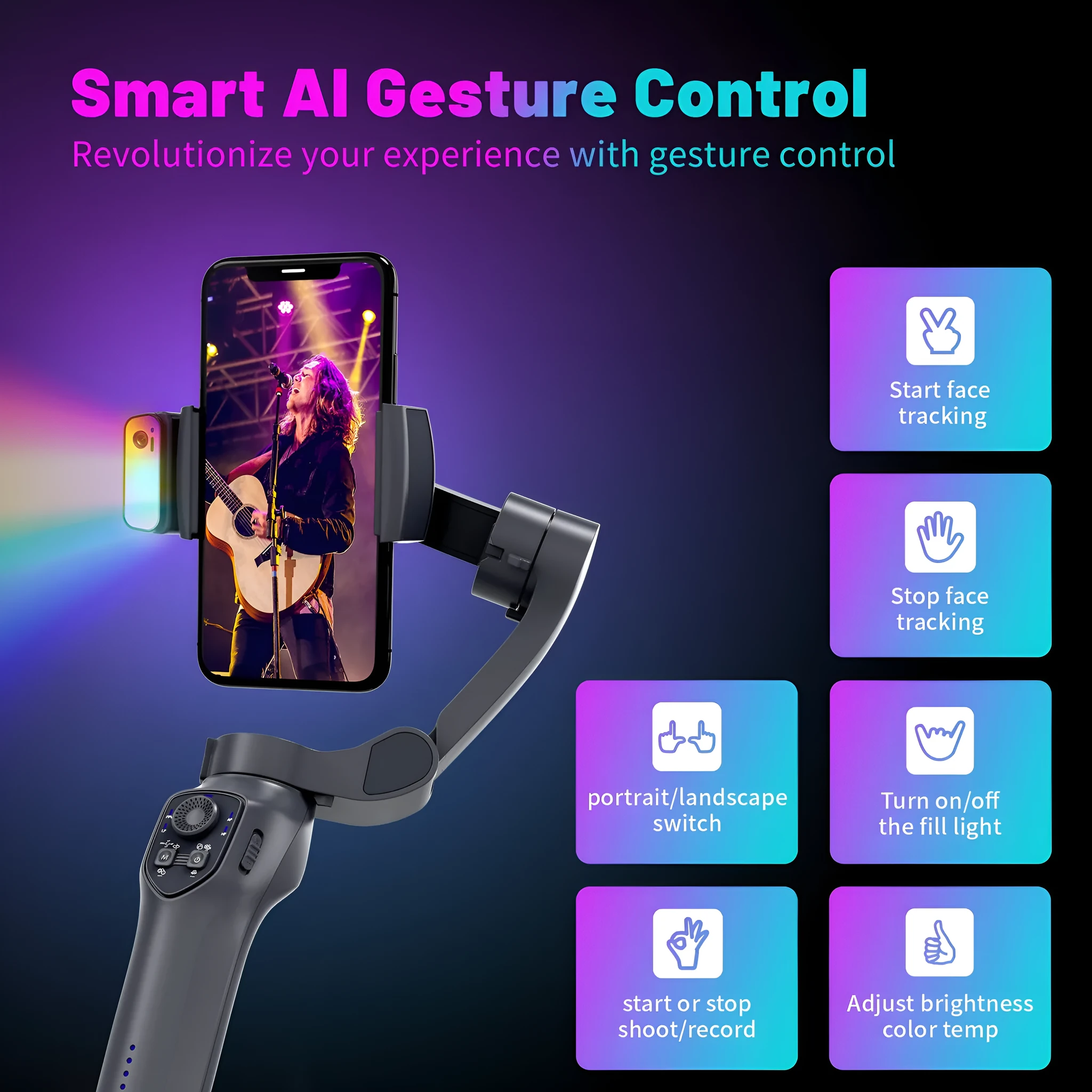 Foldable handheld smartphone video stabiliser gimbal in gun colour with USB charging port.