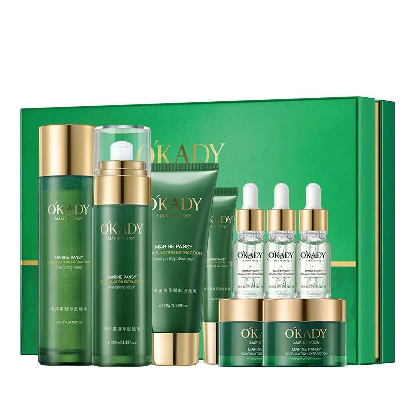 Marine Aloe Vera Energising Soothing Seven-Piece Skin Care Set with day and night cream, whitening essence, and freckle cream in gift box