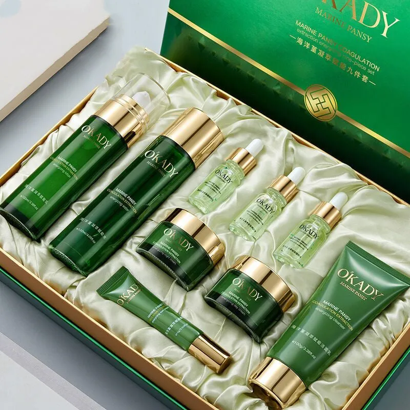 Marine Aloe Vera Energising Soothing Seven-Piece Skin Care Set with day and night cream, whitening essence, and freckle cream in gift box