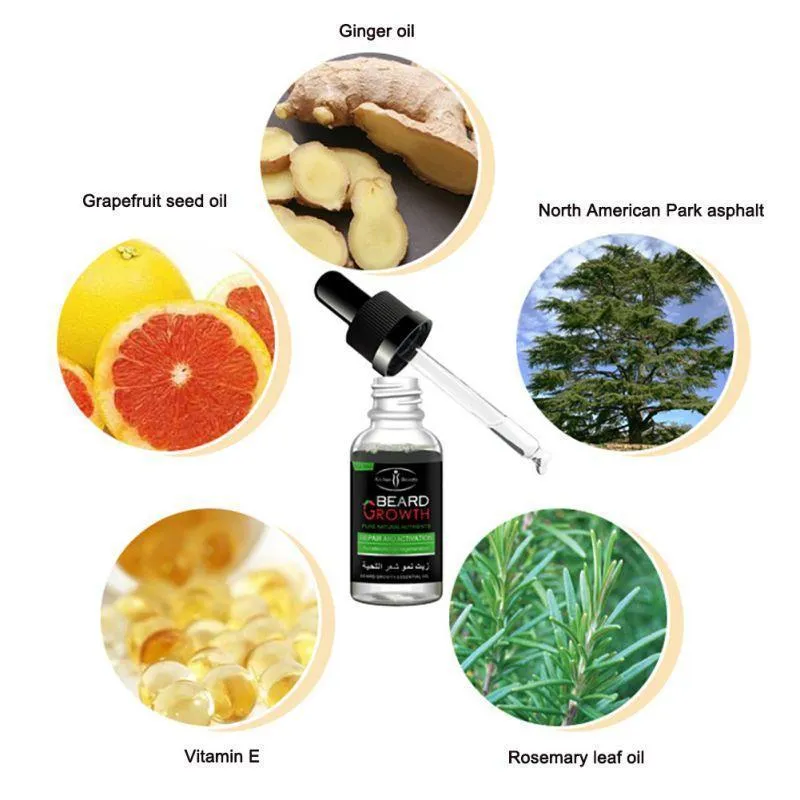 Bottle of beard essential oil with natural ingredients for growth and dandruff control