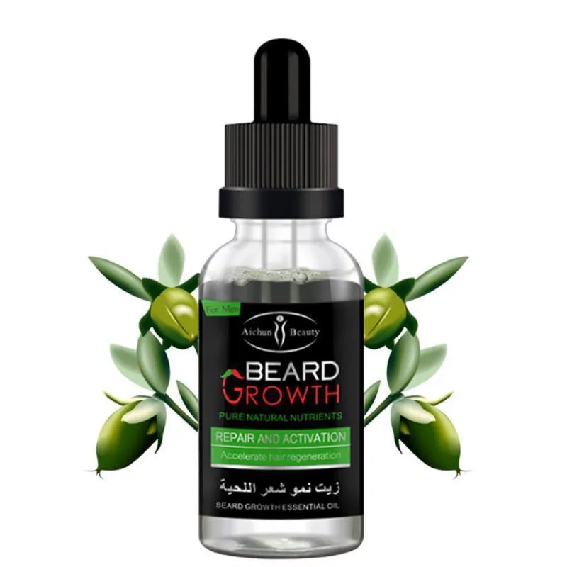 Bottle of beard essential oil with natural ingredients for growth and dandruff control
