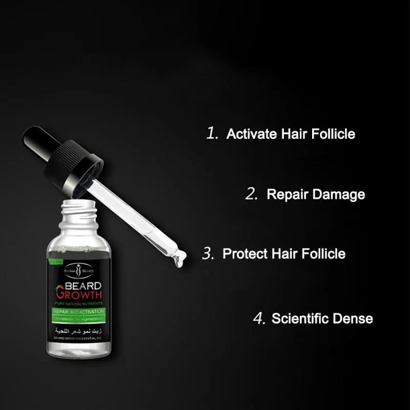Bottle of beard essential oil with natural ingredients for growth and dandruff control