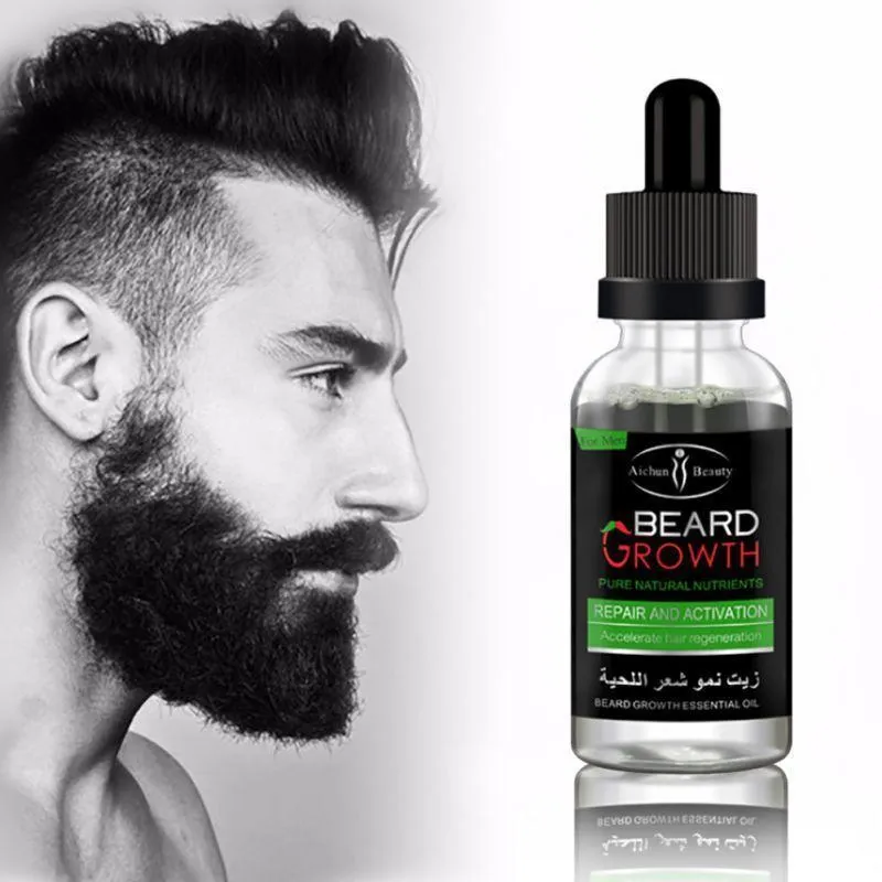Bottle of beard essential oil with natural ingredients for growth and dandruff control