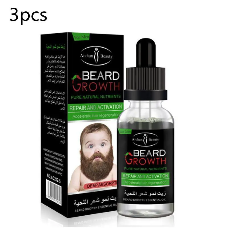 Bottle of beard essential oil with natural ingredients for growth and dandruff control
