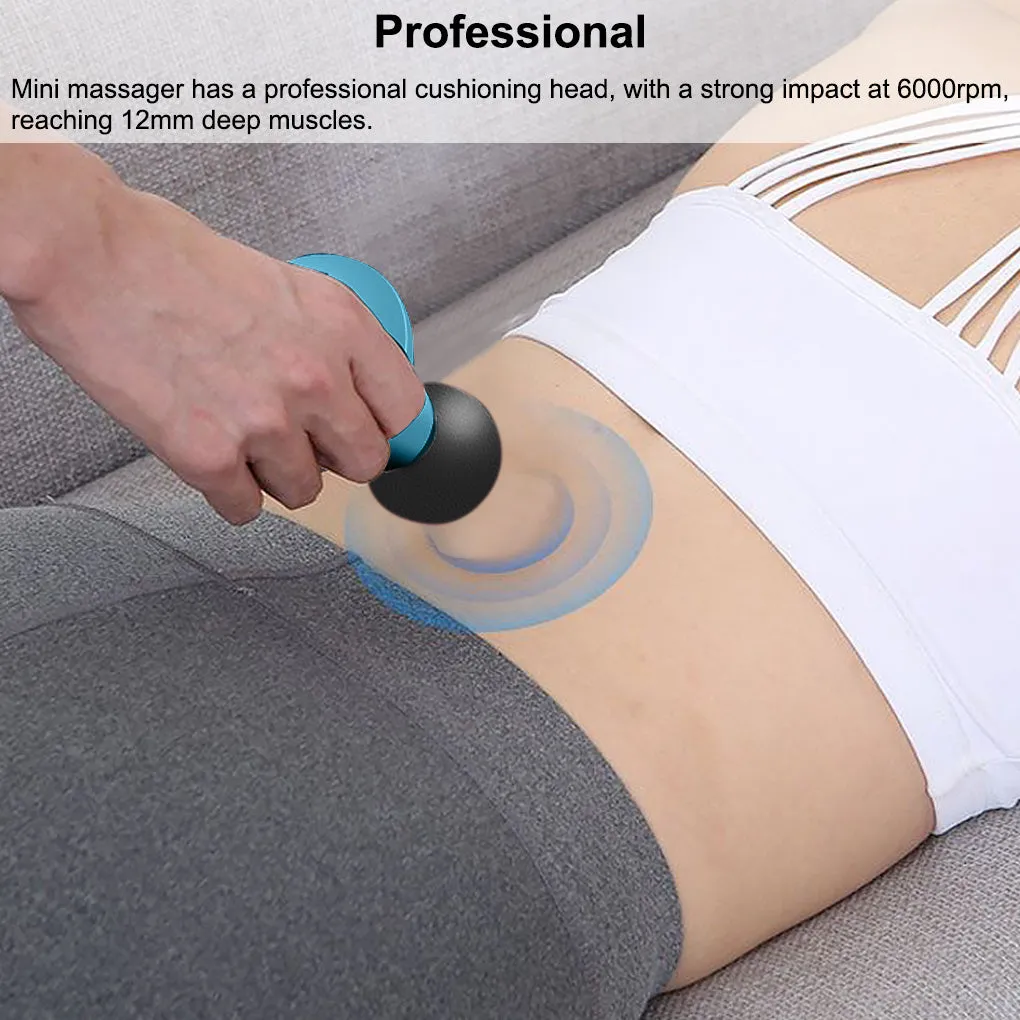 Mini pocket electric fascia massage gun in blue with cushioning head for deep muscle relief