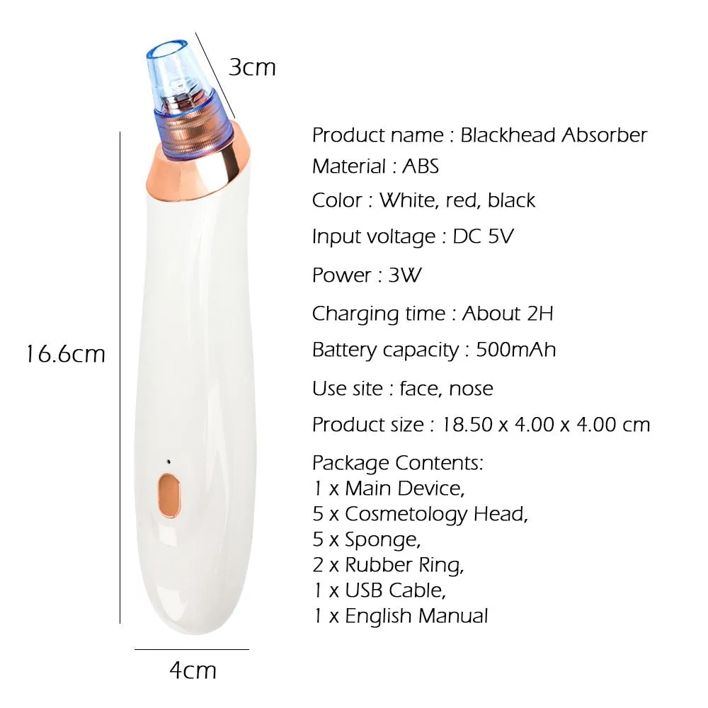 Electric blackhead remover pore cleaner in black with interchangeable nozzle heads and compact design