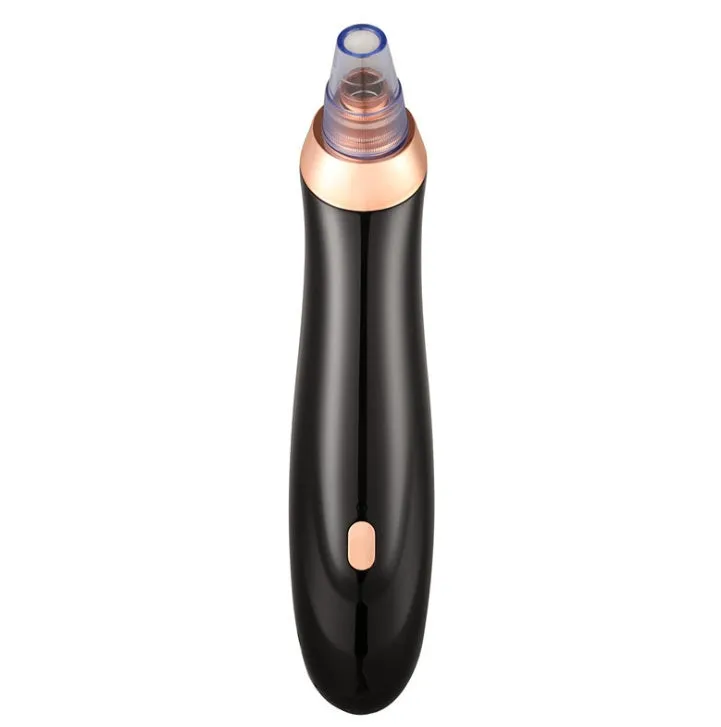 Electric blackhead remover pore cleaner in black with interchangeable nozzle heads and compact design