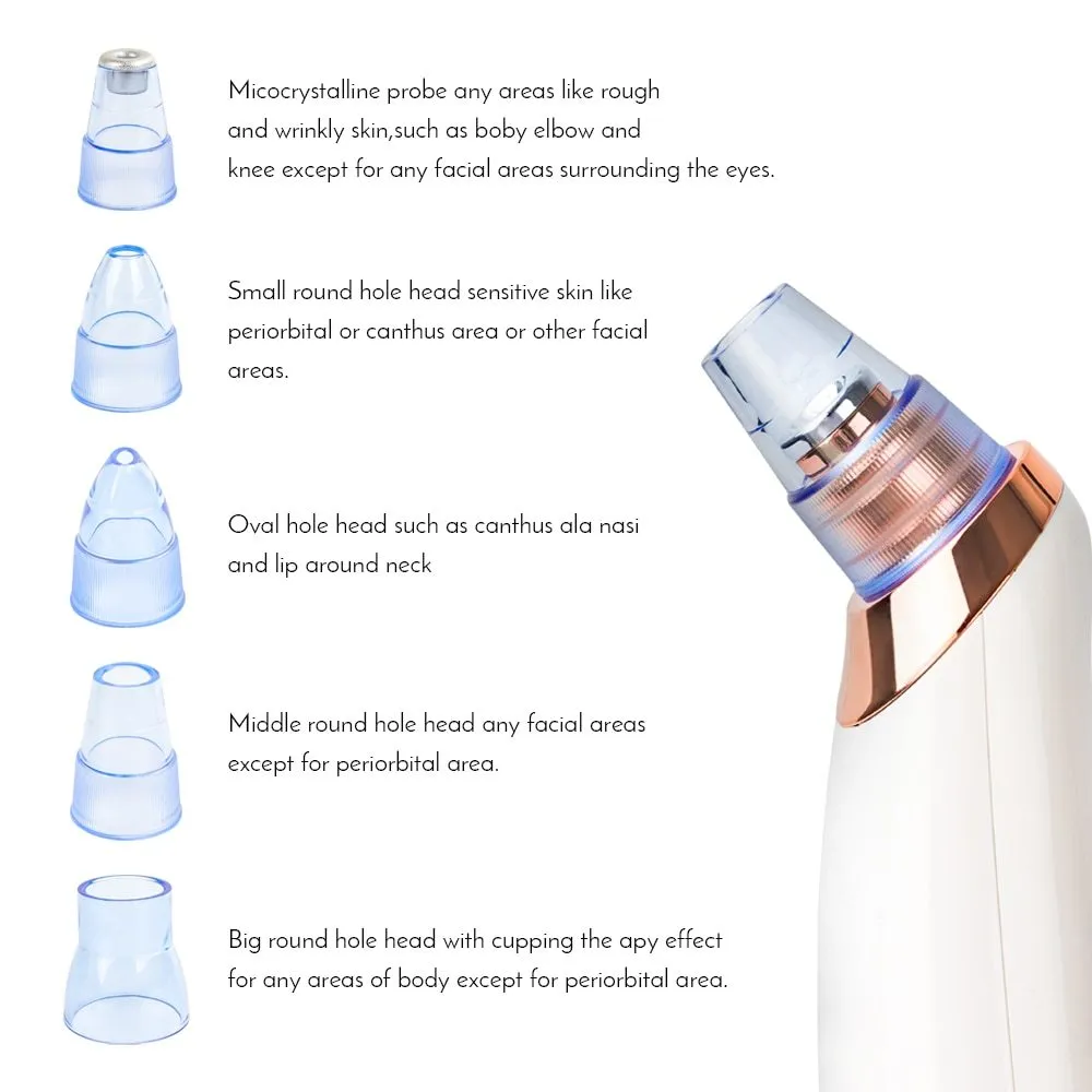 Electric blackhead remover pore cleaner in black with interchangeable nozzle heads and compact design