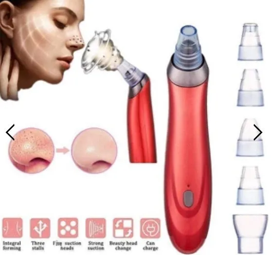 Electric blackhead remover pore cleaner in black with interchangeable nozzle heads and compact design