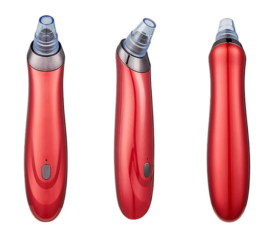 Electric blackhead remover pore cleaner in black with interchangeable nozzle heads and compact design
