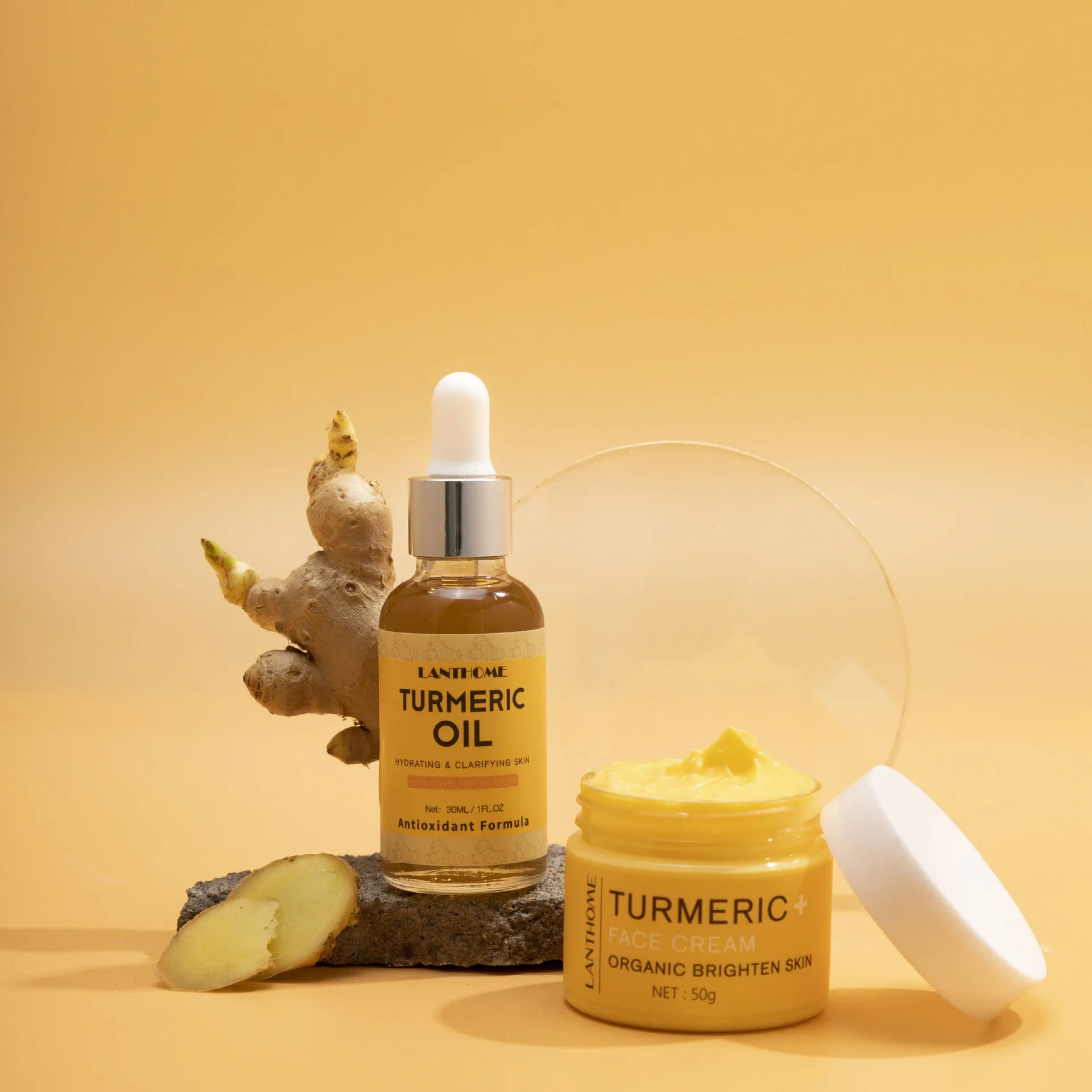 Turmeric essential oil skincare set with cream and oil for brightening and hydration