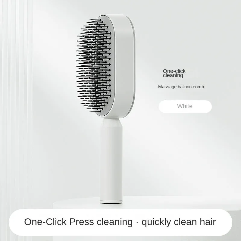 Automatic cleaning hair comb with 3D air cushion in pink, measuring 25x7x5cm, with ergonomic handle for scalp massage