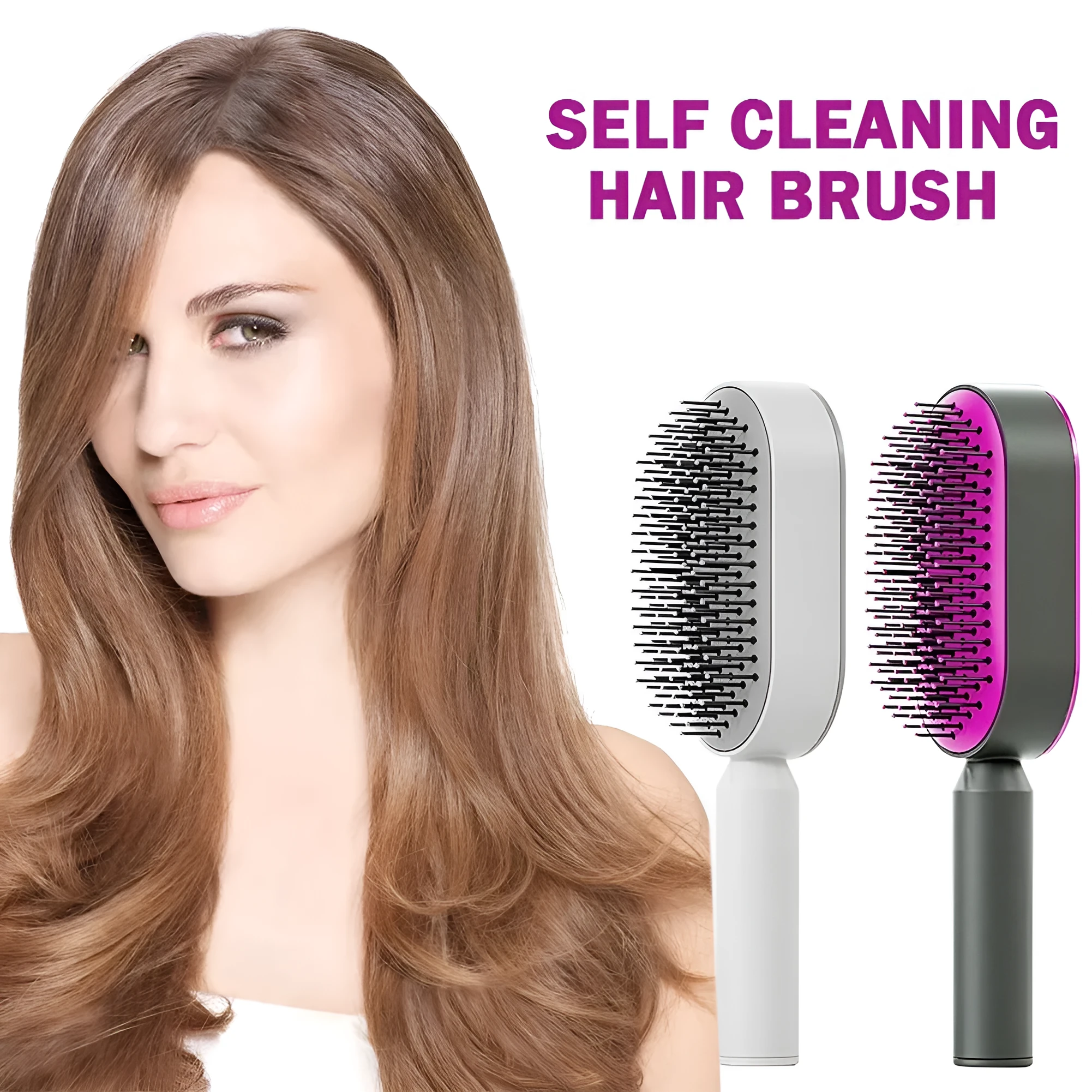 Automatic cleaning hair comb with 3D air cushion in pink, measuring 25x7x5cm, with ergonomic handle for scalp massage