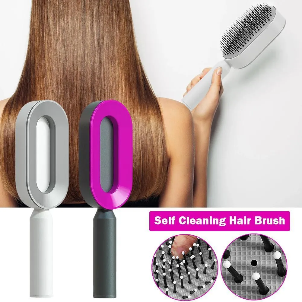 Automatic cleaning hair comb with 3D air cushion in pink, measuring 25x7x5cm, with ergonomic handle for scalp massage
