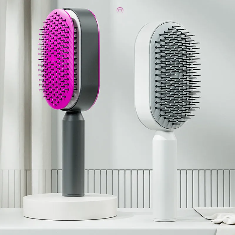 Automatic cleaning hair comb with 3D air cushion in pink, measuring 25x7x5cm, with ergonomic handle for scalp massage