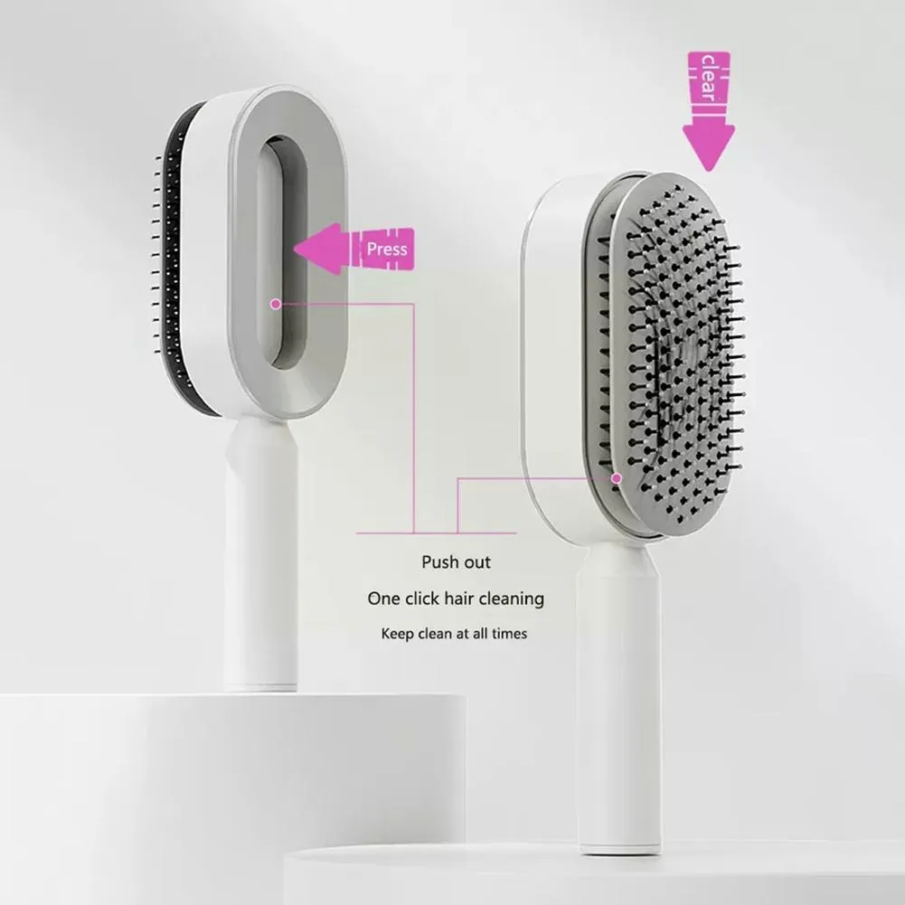 Automatic cleaning hair comb with 3D air cushion in pink, measuring 25x7x5cm, with ergonomic handle for scalp massage