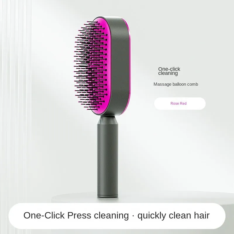 Automatic cleaning hair comb with 3D air cushion in pink, measuring 25x7x5cm, with ergonomic handle for scalp massage