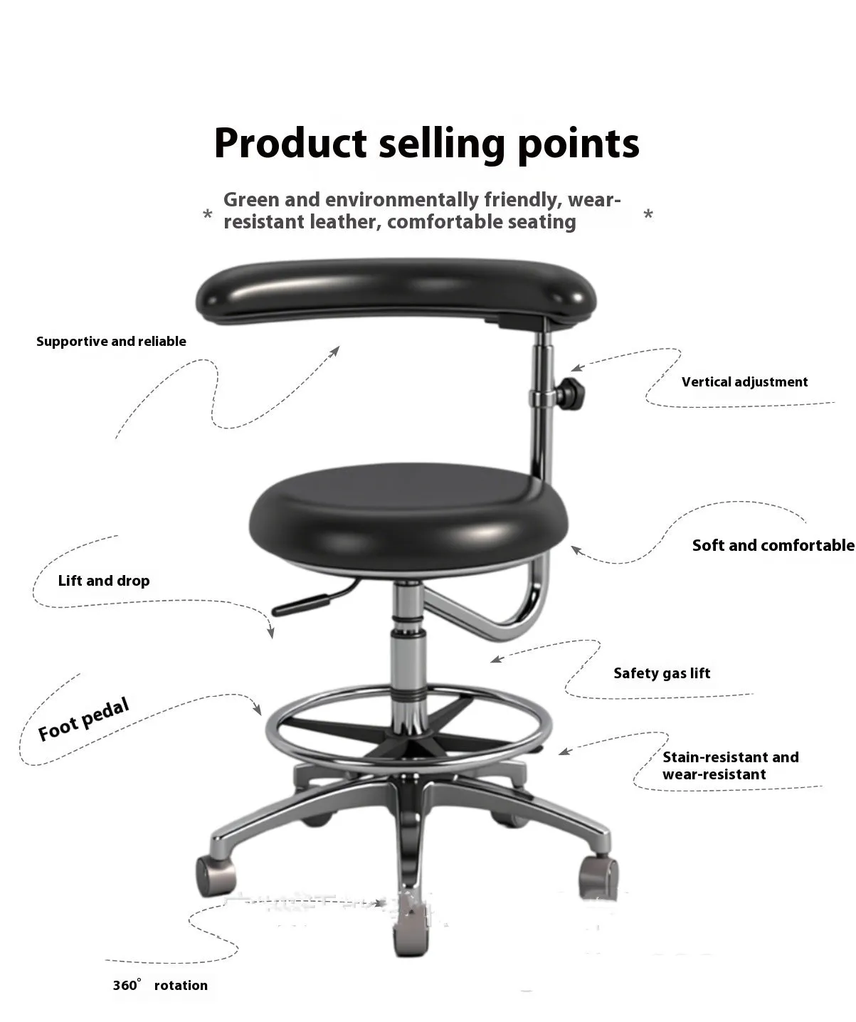 Black leather dental chair with hydraulic lift for dental hospitals and clinics