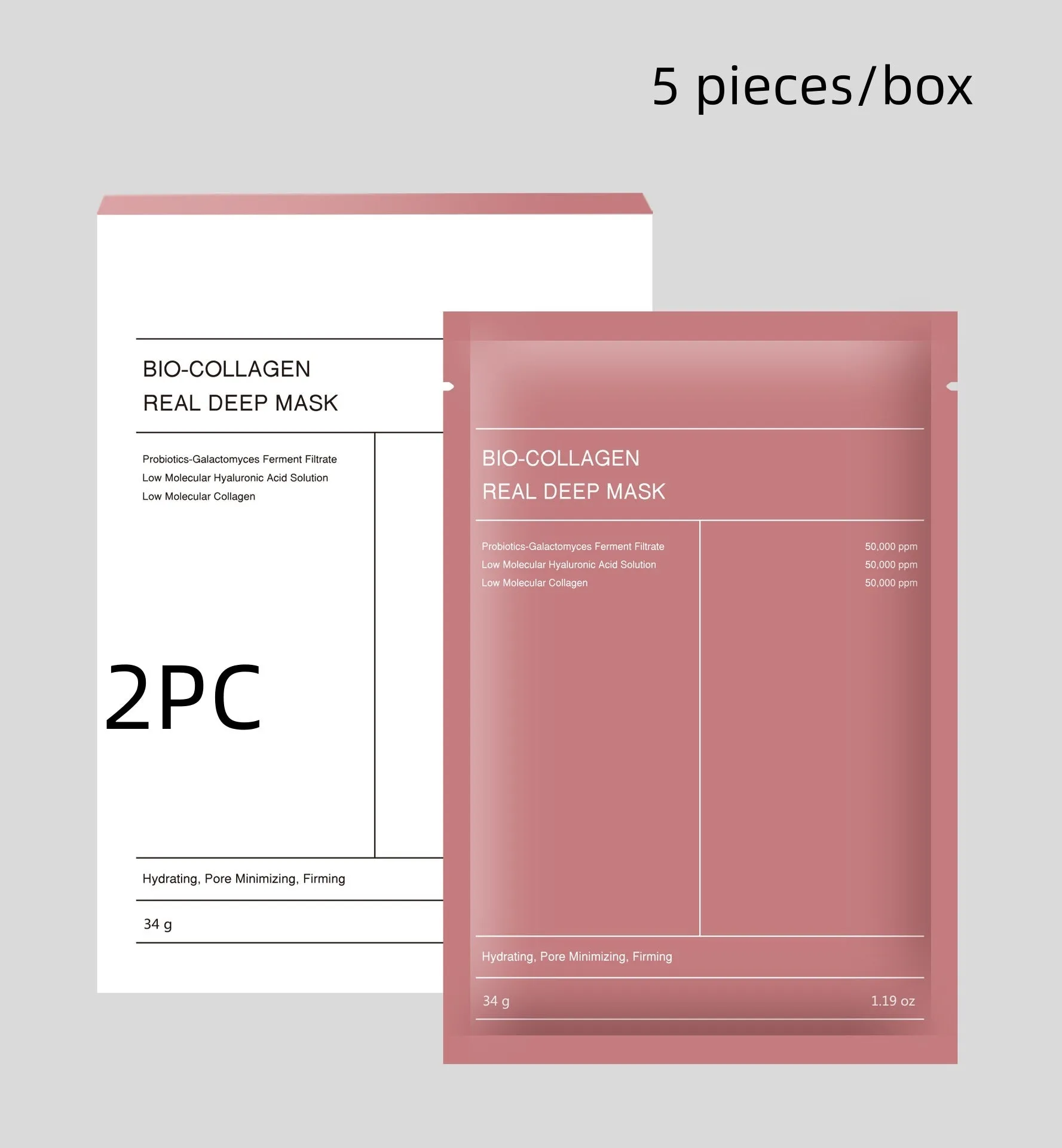 Collagen face mask box of 4 pieces, each 34g, for firming, hydrating and brightening skin