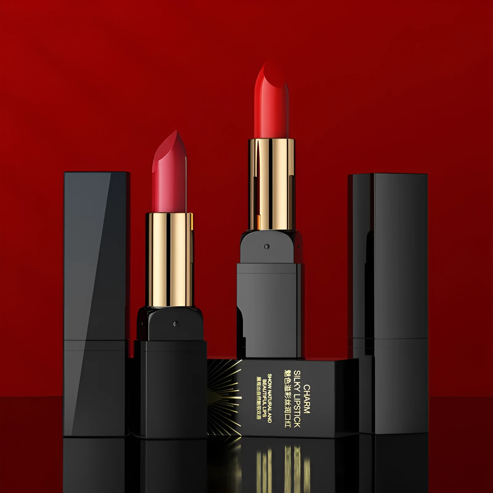 Gentle moisturising creamy lipstick in bullet form with eight colour swatches including red, cherry, plum, and rose bean paste
