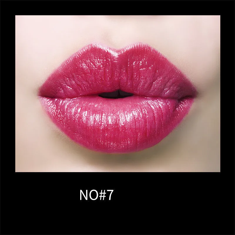 Gentle moisturising creamy lipstick in bullet form with eight colour swatches including red, cherry, plum, and rose bean paste