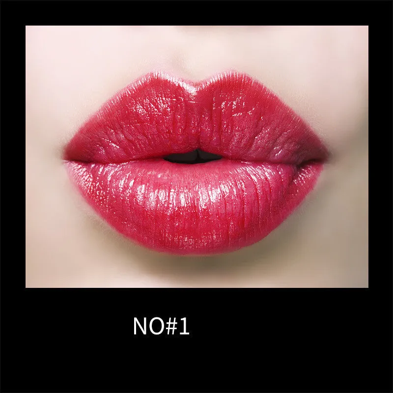 Gentle moisturising creamy lipstick in bullet form with eight colour swatches including red, cherry, plum, and rose bean paste