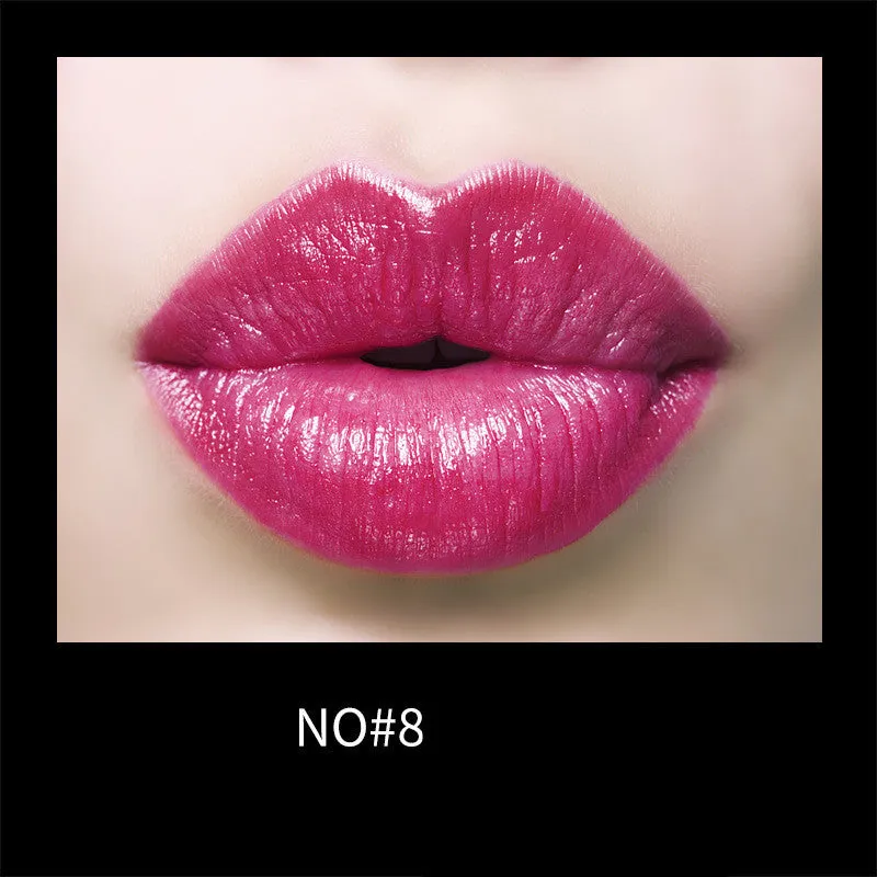 Gentle moisturising creamy lipstick in bullet form with eight colour swatches including red, cherry, plum, and rose bean paste