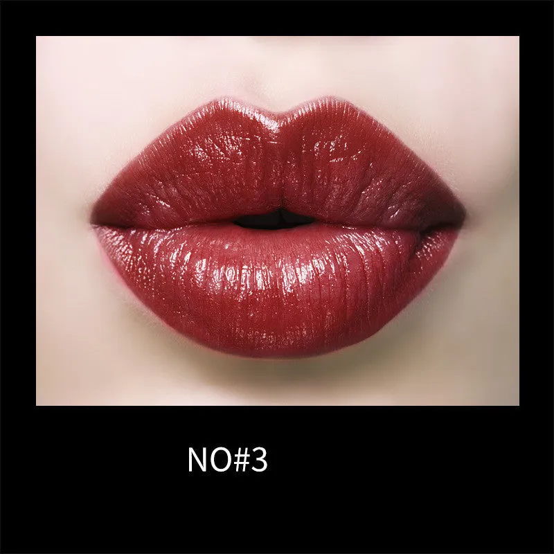 Gentle moisturising creamy lipstick in bullet form with eight colour swatches including red, cherry, plum, and rose bean paste