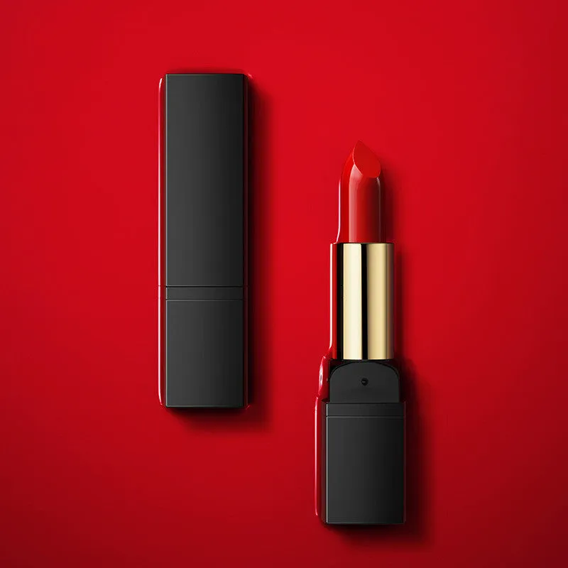 Gentle moisturising creamy lipstick in bullet form with eight colour swatches including red, cherry, plum, and rose bean paste