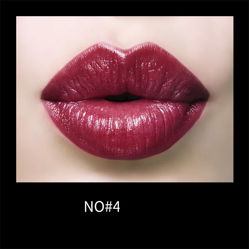 Gentle moisturising creamy lipstick in bullet form with eight colour swatches including red, cherry, plum, and rose bean paste