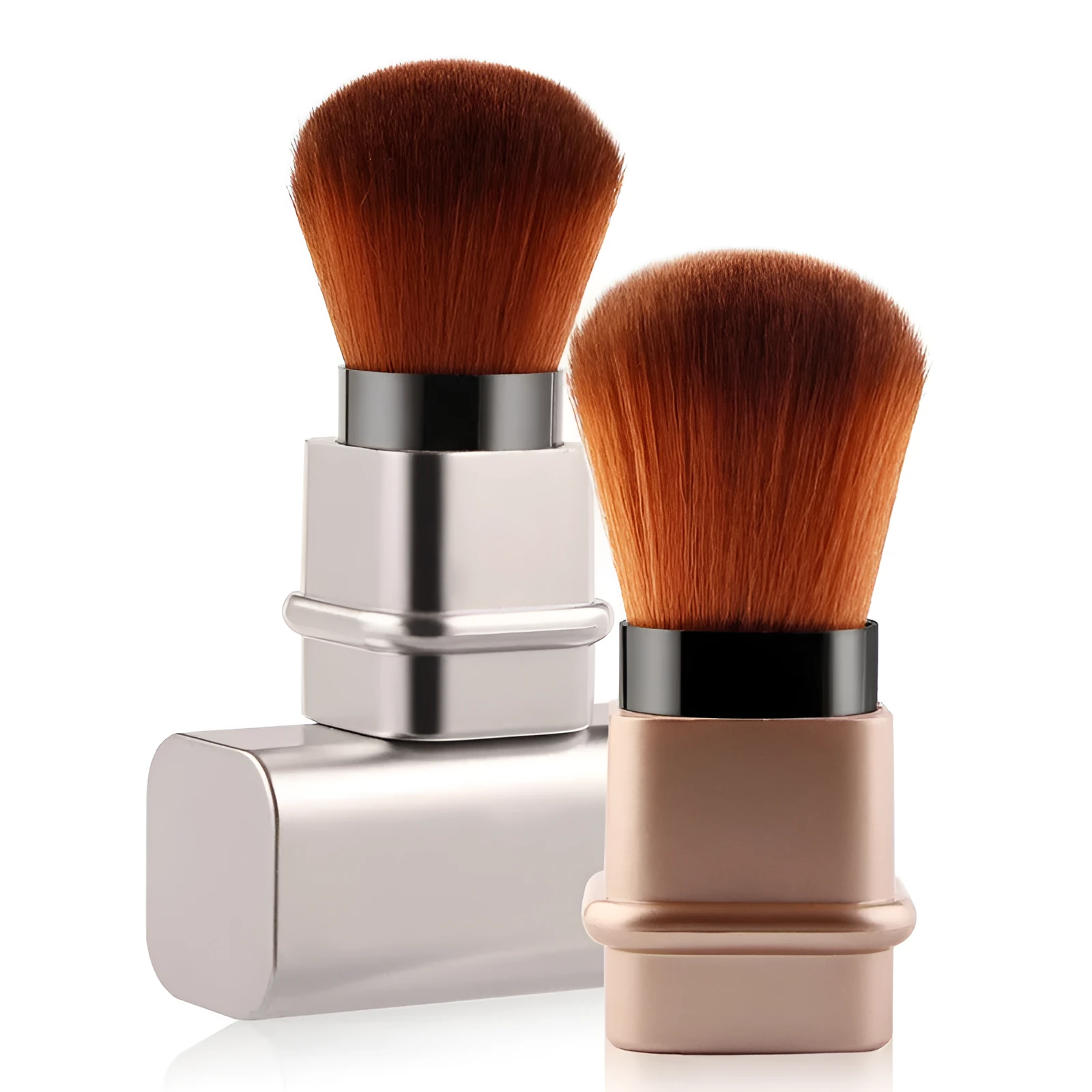 Portable single makeup brush with man-made fibre bristles and square gold plastic handle on white background