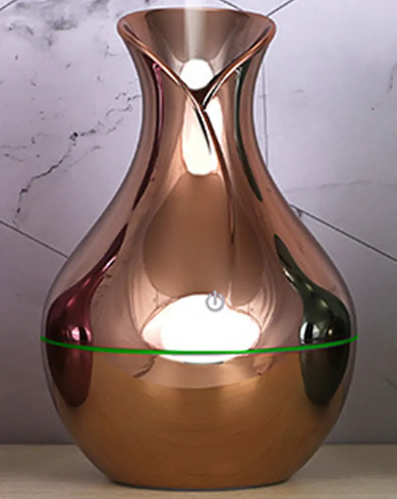 Small vase humidifier with 130ml water tank in Crackle Mahogany finish, USB powered, on a wooden desk