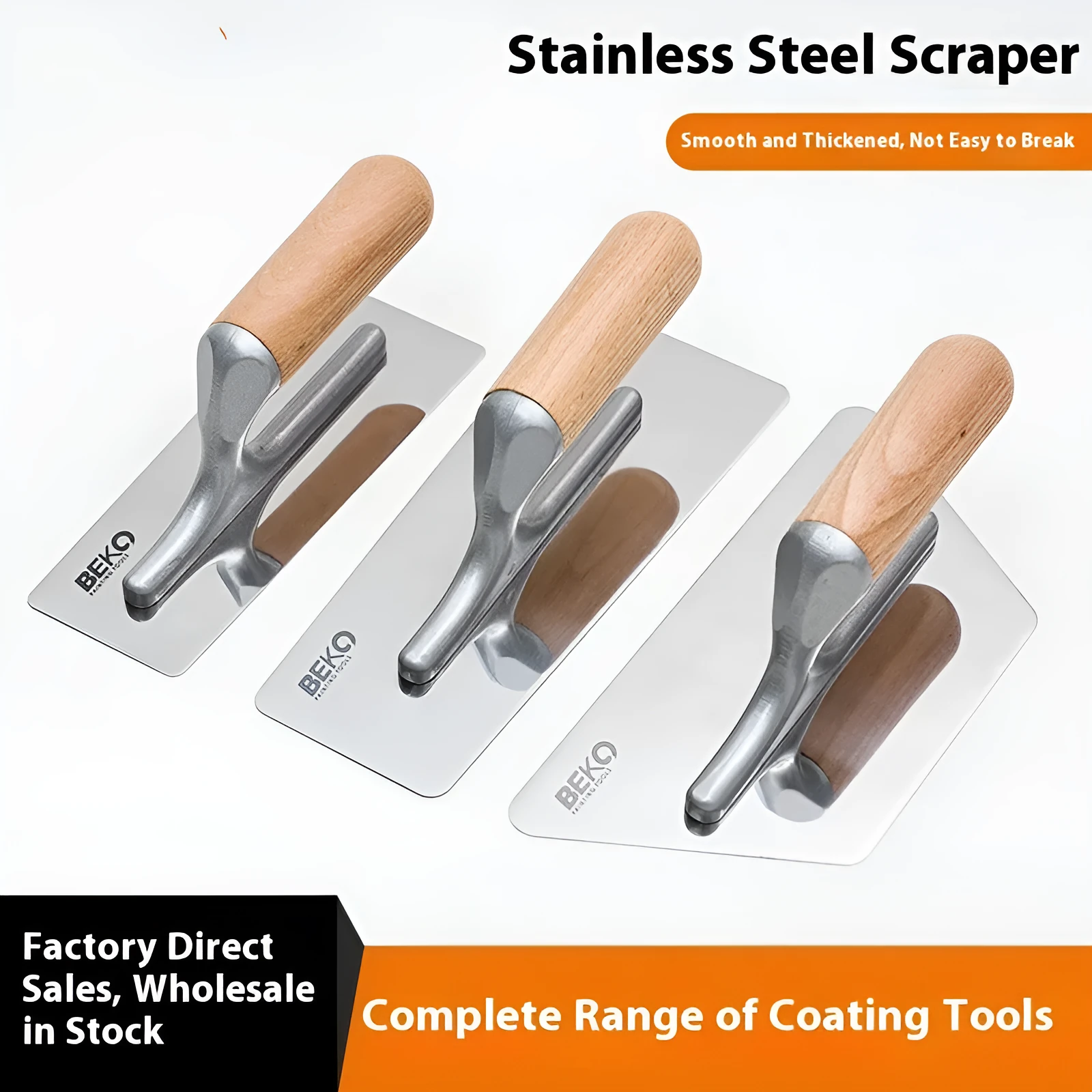 Stainless steel putty scraper with wooden handle for wall and floor plastering work