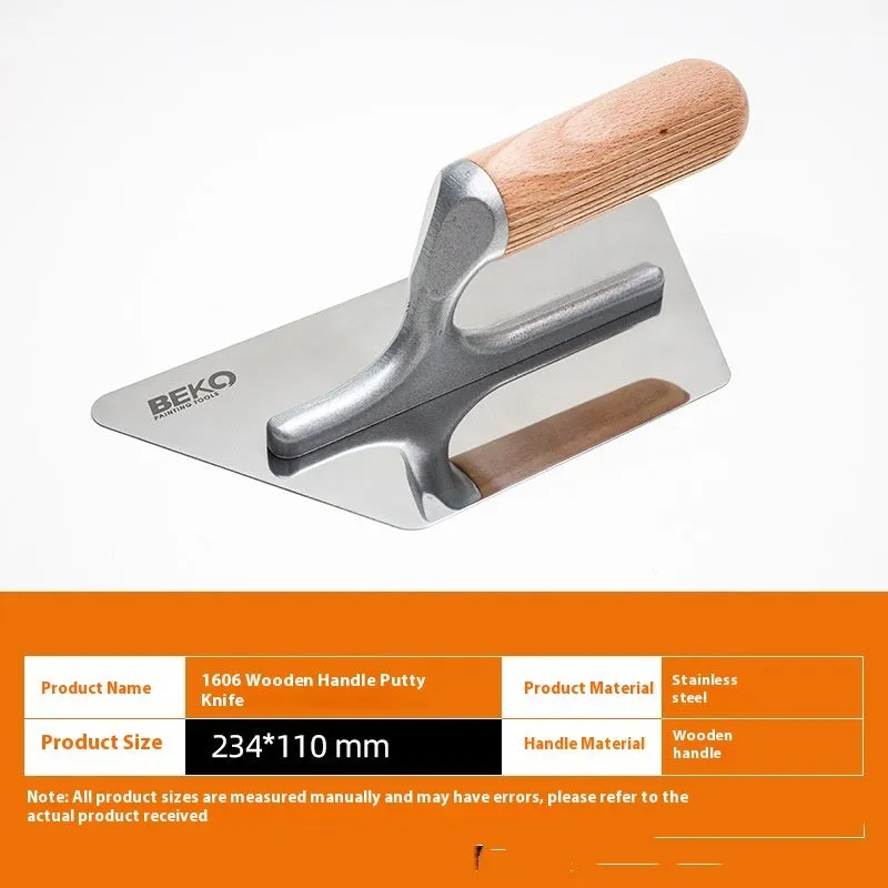 Stainless steel putty scraper with wooden handle for wall and floor plastering work