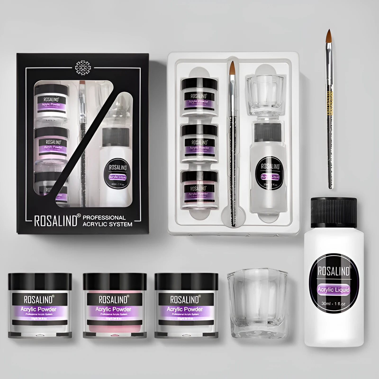 Acrylic nail system kit with glass cup, carving pen, and acrylic powders for nail extension and carving