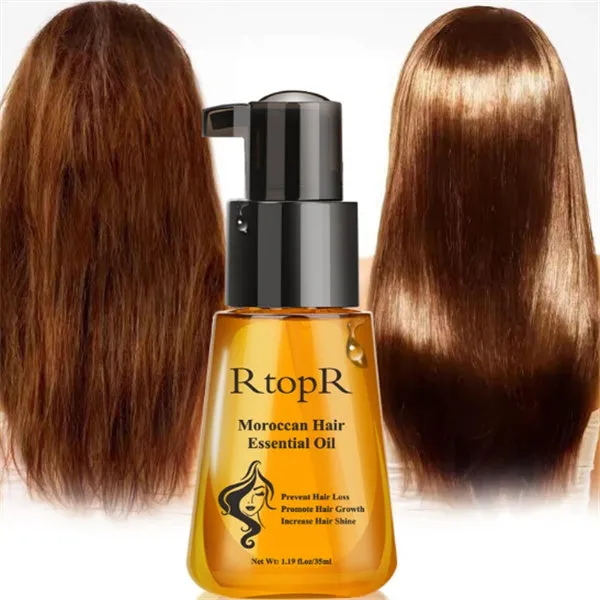 Yellow plastic bottle of 35ml hair care essential oil repair sample on neutral background