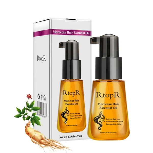 Yellow plastic bottle of 35ml hair care essential oil repair sample on neutral background