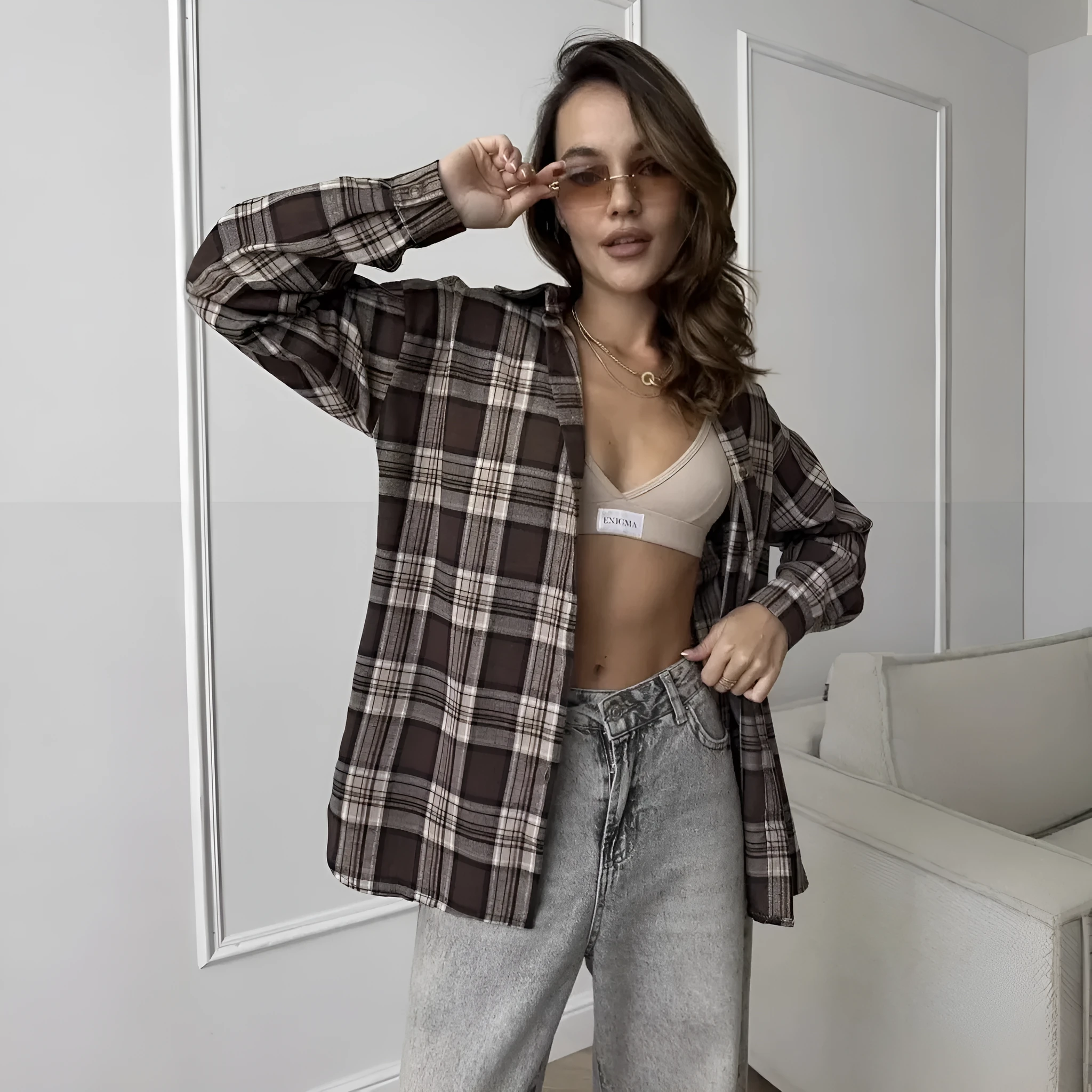 Dark brown striped women's shirt with retro styling and long sleeves