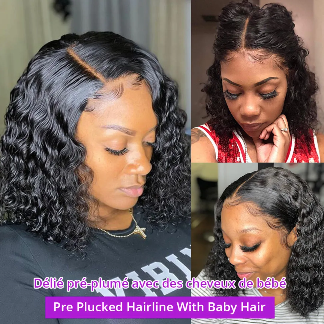 Deep wave lace front human hair wig 13x4 transparent curly bob with baby hair Brazilian hair