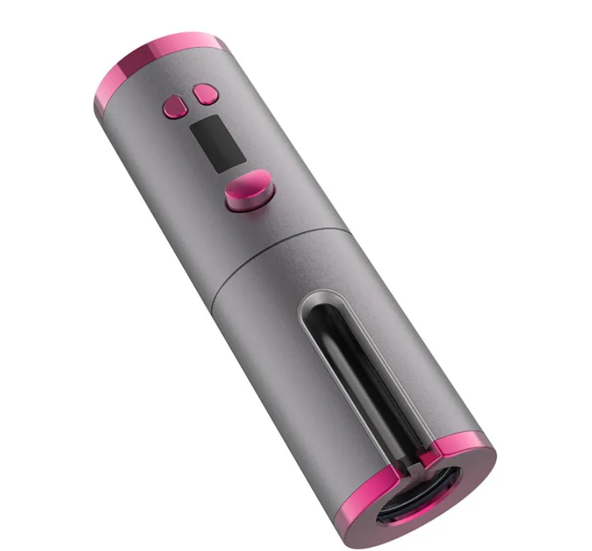 Golden cordless USB rechargeable curling iron with digital display and black flannel storage bag